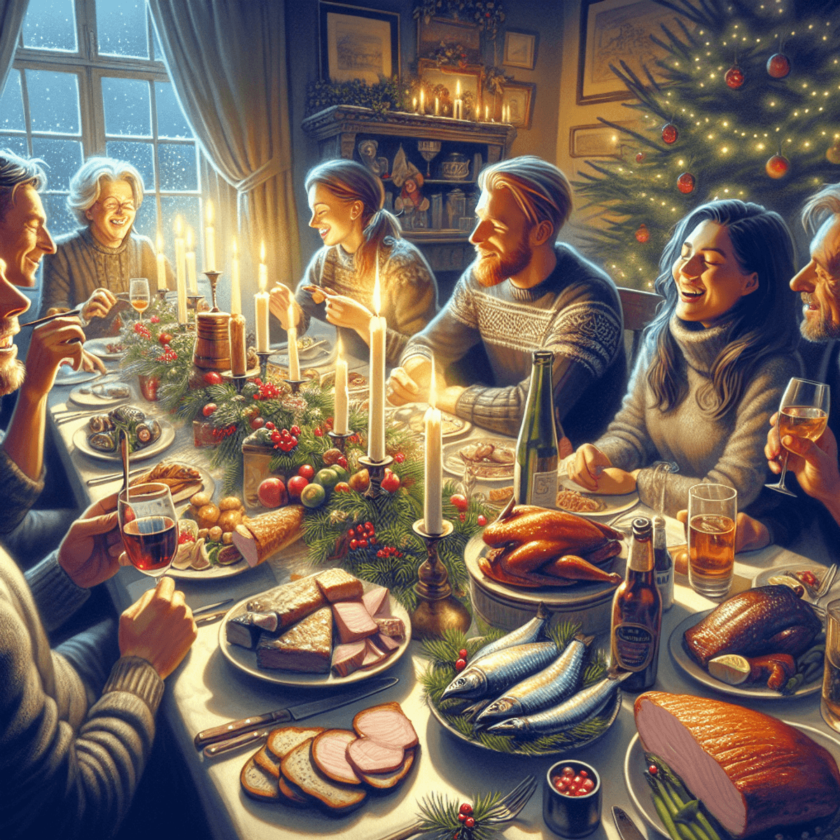 En hyggelig dansk julefrokostindstilling med et smukt dækket bord fyldt med traditionelle retter som marinerede sild, leverpostej og flæskesteg. Scene